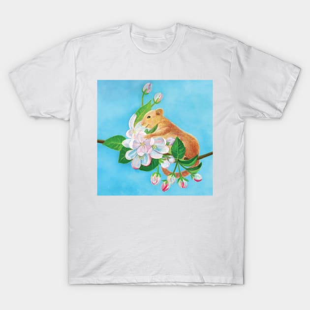 Common dormouse, hazel dormouse climbing in a spring blooming branch T-Shirt by Julia Doria Illustration